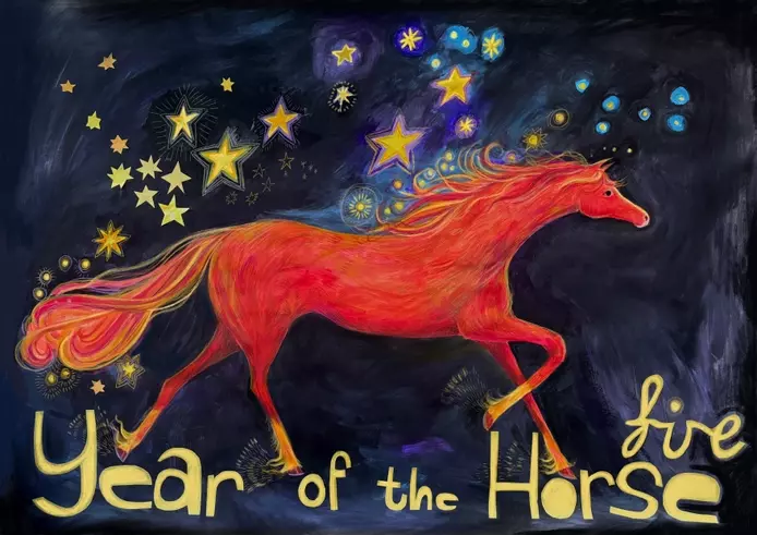 this illustration shows a fire horse galloping across a dark background with stars around the horse. At the bottom of the horse illustration there are the words &lsquo;year of the fire horse&rsquo; . The illustration is made with paints, coloured pencils and coll